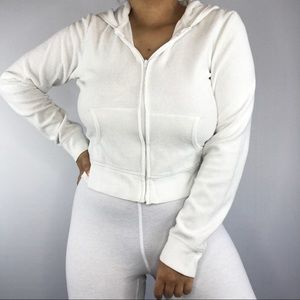 Cropped Zip Up Hoodie. All White. Terry Cloth
